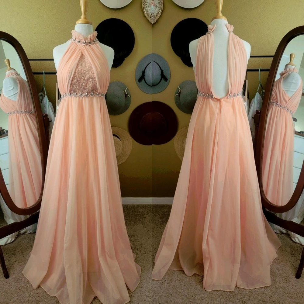 Stunning Light Shoerbert Peach Vintage Chiffon Gown by Mike Benet